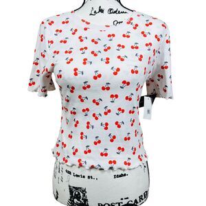 Grayson Threads white Cherry-Print Ribbed Lettuce-Edge Cropped Top size M
